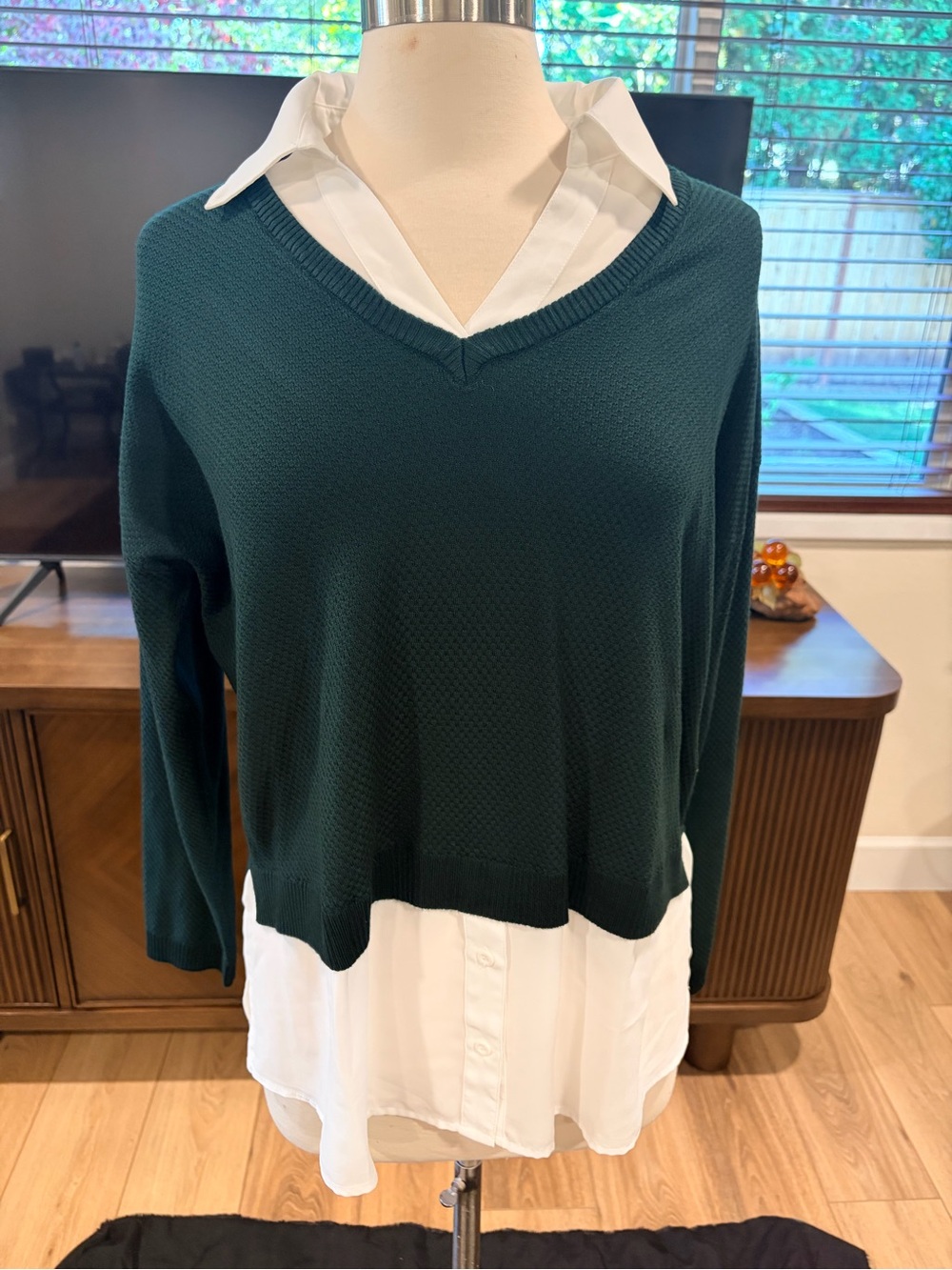 Adrianna Papell Dark Teal V-Neck Layered Sweater Blouse